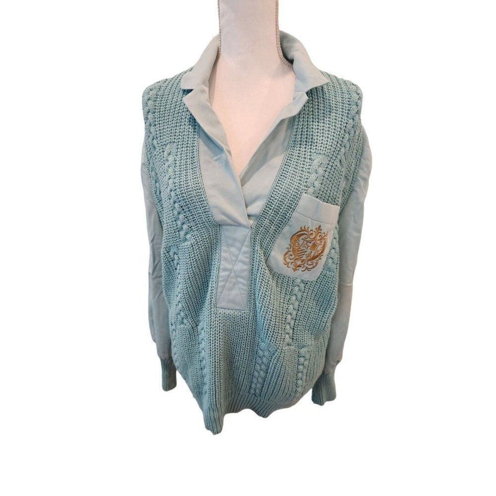 Vintage 90s Marshall Rousso Las Vegas Light Teal Blue Linen Collared Sweater L